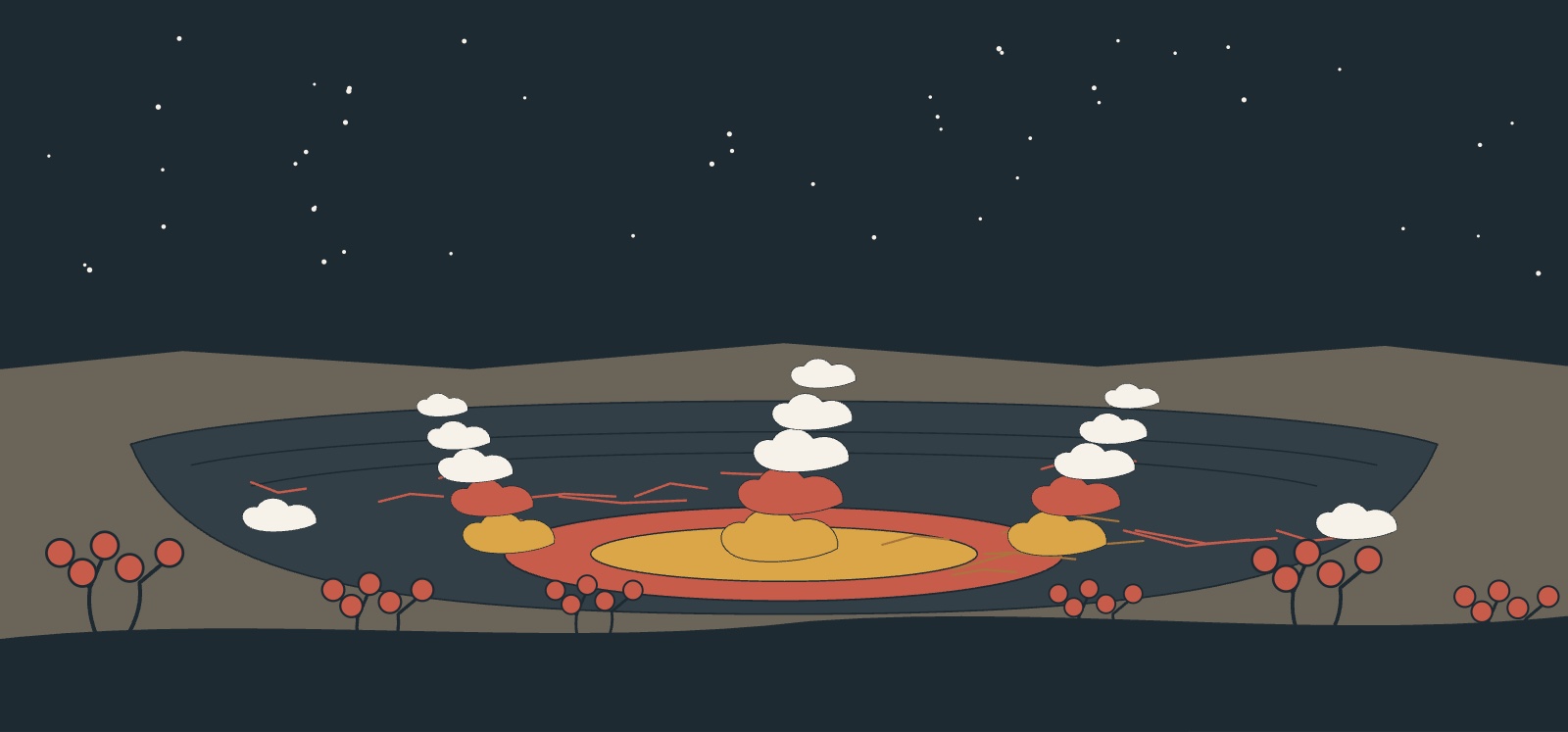 The Kilauea crater at dusk with an orange glow, steam and red ohia lehua blossom