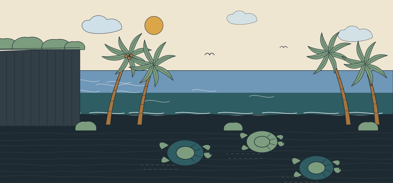 A black sand beach with resting green turtles, basalt cliffs and leaning coconut palms