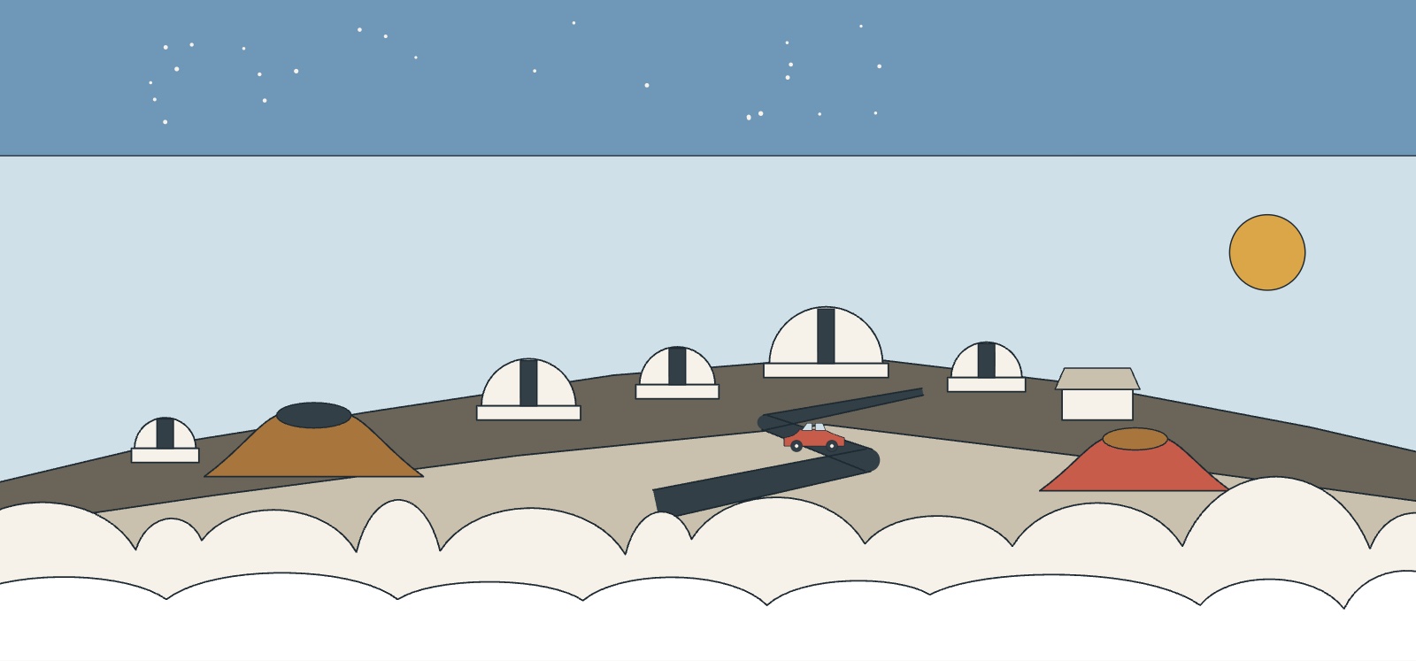 The Mauna Kea observatory domes above a sea of clouds with the access road below